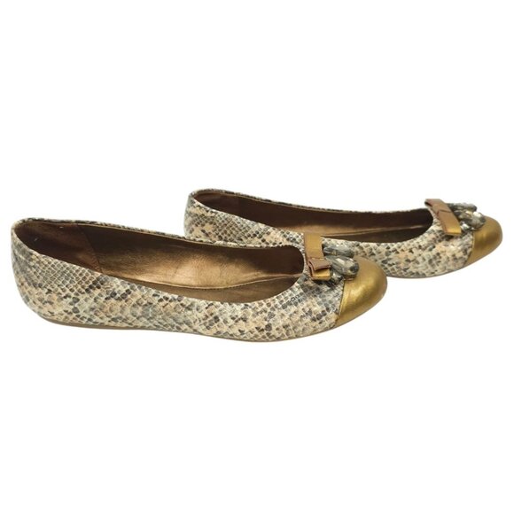 Libby Edelman Snakeskin Print Flats Women 8.5 M Golden Bronze Bow Toe Rhinestone - Picture 12 of 16